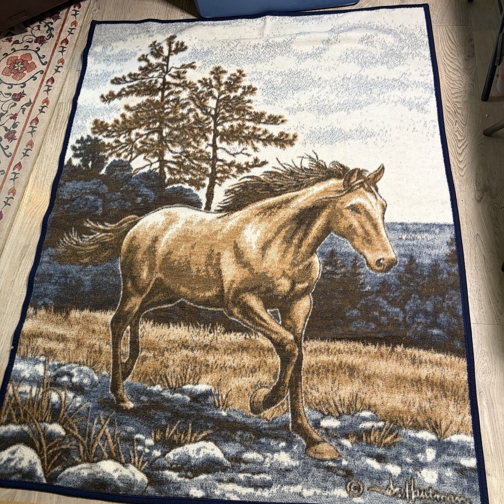 Vintage Biederlack Horse Blanket Reversible Acrylic Galloping Equestrian 74x55